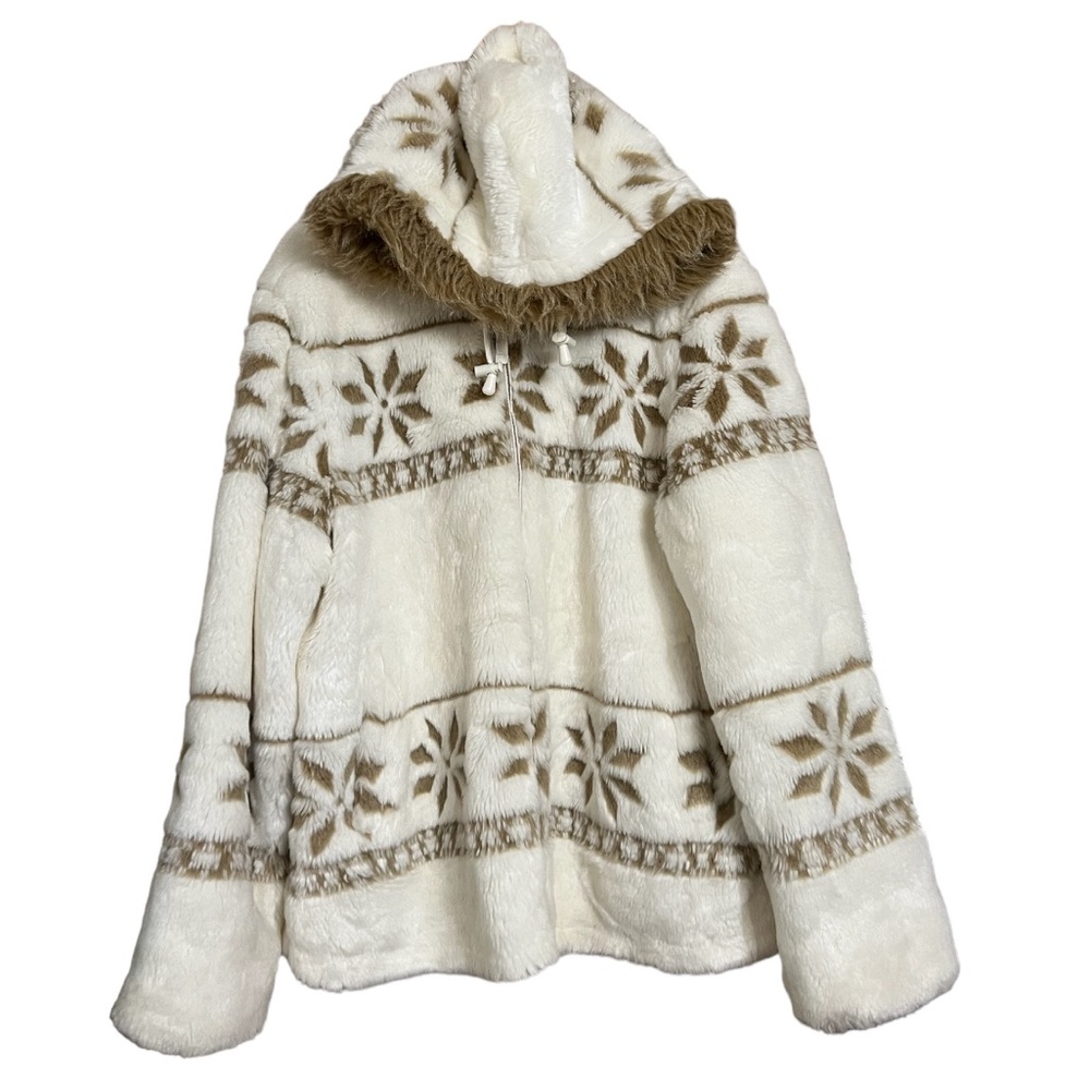 Vintage White Fuzzy Faux Fur Tan Snowflake Coat Hood Double Zip Sz L